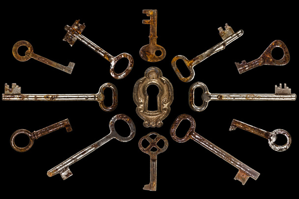 Set of old keys, isolated on black background - Photo, Image