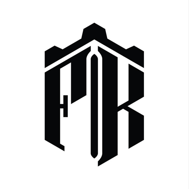 王冠の城の幾何学的な様式の設計のテンプレートが付いているFKの手紙のロゴのモノグラムの六角形の形 - 写真・画像