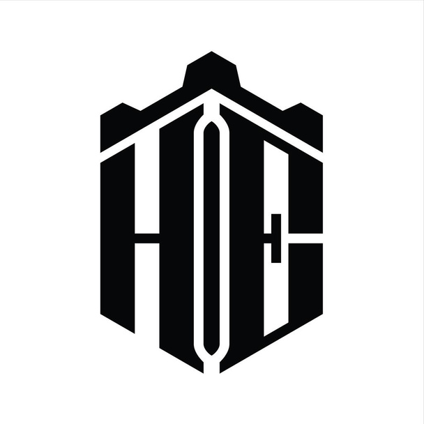 HE Letter Logo monogram šestiúhelník tvar s korunou zámek geometrický styl design šablony - Fotografie, Obrázek
