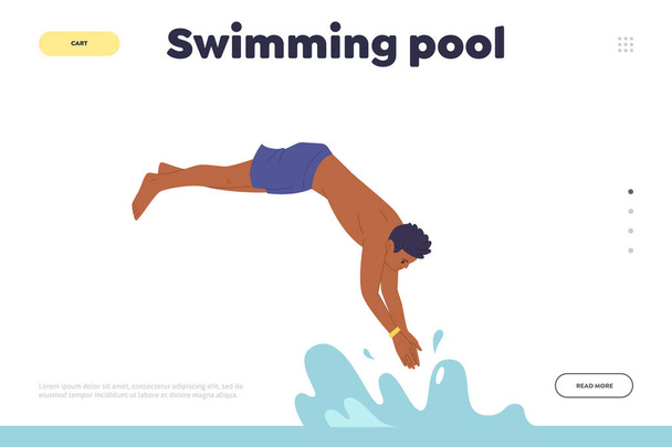 Uima-allas aloitussivun suunnittelu malli. Sarjakuva mies uimari hahmo koulutusta tai levätä hyppäämällä veteen. Verkkosivusto mainonta online-palvelun varaus lippu tai kiertue loma viikonloppuisin - Vektori, kuva