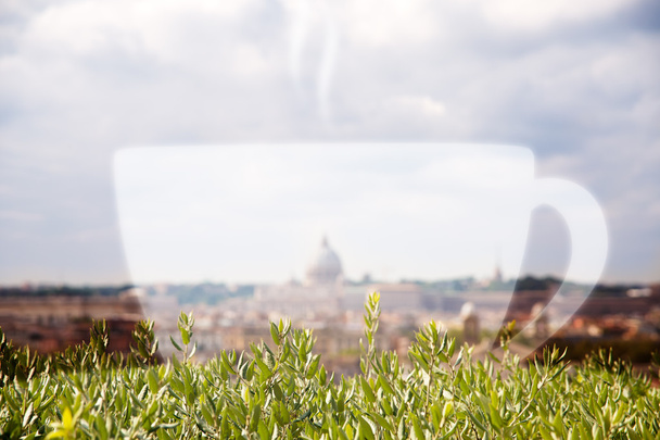 ローマ都市景観とカプチーノ カップ。二重露光 - 写真・画像