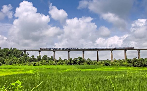 Süper hızlı tren, Konkan Demiryolu üzerindeki yeşil tarlaların manzaralı yerinden uzun viyadük geçiyormuş.. - Fotoğraf, Görsel