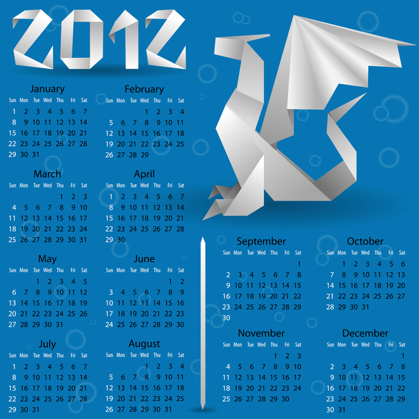 Calendar for 2012 with Origami Dragon - Vector, Image