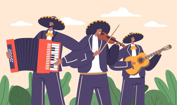 Mariachi Müzisyenler Grubu, Yetenekli Sanatçılar, Geleneksel Meksika Giysileri Giyen Gitar, Akordiyon ve Keman çalan Kutlama Ruhu. Çizgi film Vektör İllüstrasyonu - Vektör, Görsel