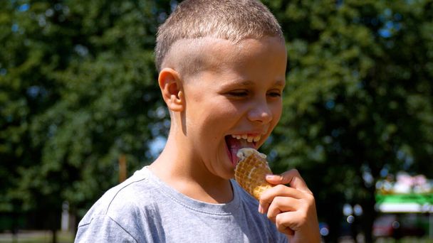 Un garçon mange un cône de glace dans le parc. Un dessert froid sucré comme régal. Des moments heureux lors d'une promenade dans le parc - Photo, image