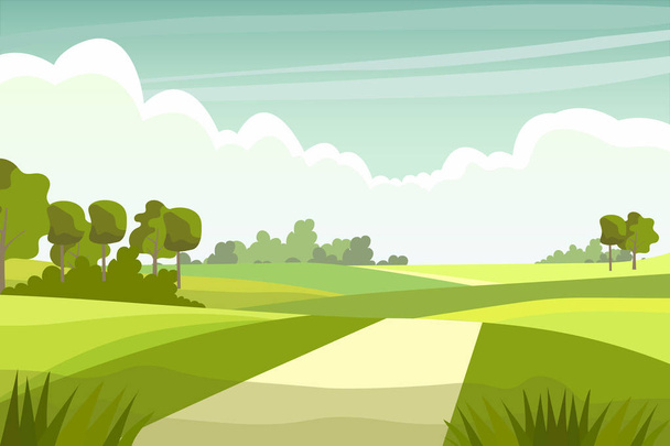 Caricature paysage de prairies rurales, route rurale à l'horizon à travers les prairies verdoyantes de pâturages avec de l'herbe et des arbres dans les champs, panorama des terres agricoles d'été. Illustration vectorielle de paysage agricole. - Vecteur, image