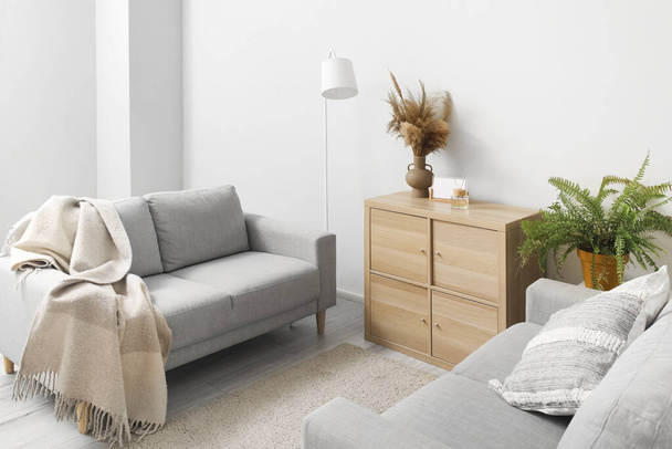 Tyylikäs harmaa sohvat, hylly yksikkö ja lamppu lähellä valoa seinään olohuoneessa - Valokuva, kuva