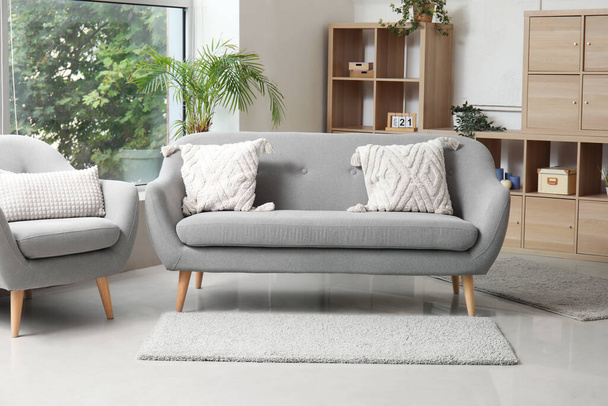 Interior da sala de estar leve com sofá cinza elegante, poltrona, unidade de prateleira e plantas de sala - Foto, Imagem