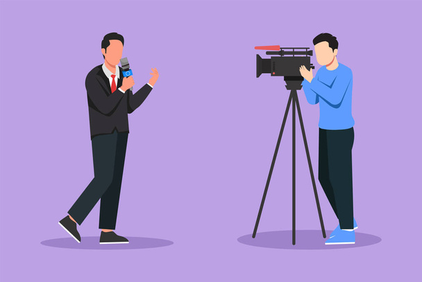 Graphic flat design drawing correspondent, reporter and operator. News reporter performing. Journalists on air. Video cameraman filming news reporter with microphone. Cartoon style vector illustration - Vector, Image
