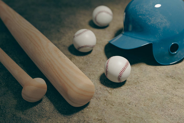 Бейсбольные биты, мячи и шлемы на земле, 3D рендеринг - Фото, изображение