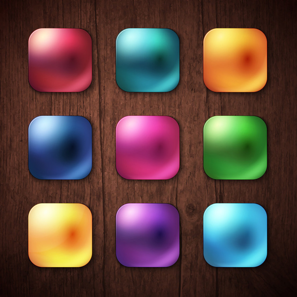 Shiny Colored Square Buttons on Wooden Background - Vector, afbeelding