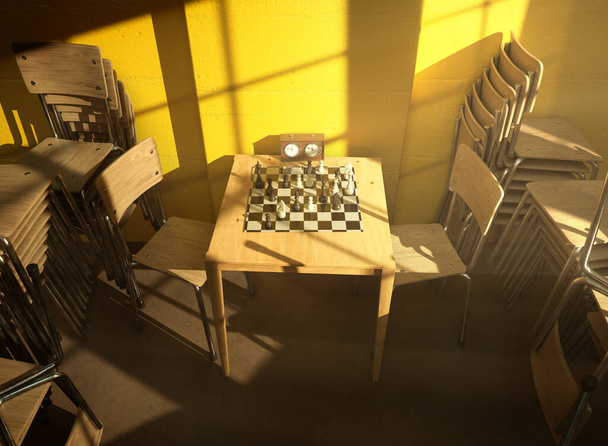 Een afgelegen schaakspel opgezet op een tafel met tegengestelde stoelen tussen rijen gestapelde stoelen in een gele kamer verlicht door een helder raamlicht - 3D render - Foto, afbeelding