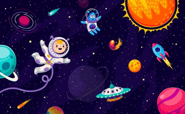 Cartoon kid astronaut, alien, ufo and rocket at galaxy space. Vector little boy cosmonaut character exploring the vast expanse of the Universe, floats among planets and encounters shuttle or starship - Vector, Image
