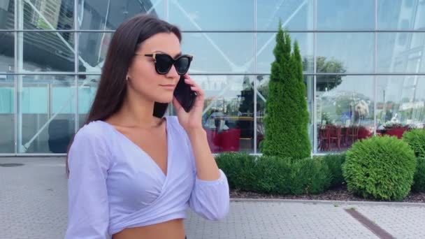 İş kadını uluslararası bir havaalanının arka planında telefonla konuşuyor.. - Video, Çekim