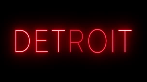 Rojo parpadeando y parpadeando letrero de neón animado para Detroit - Metraje, vídeo