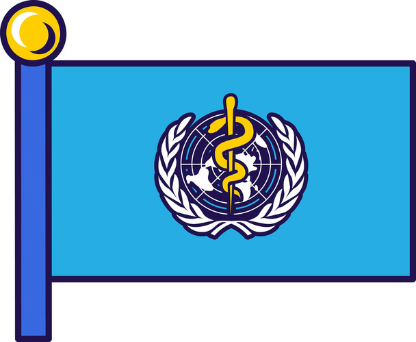 Az Egészségügyi Világszervezet zászlója zászlórúdra tűzve ünnepélyes esemény regisztrálására, külföldi vendégekkel való találkozásra. Egészségügyi Világszervezet szakszervezete. Egyszerű vektor elszigetelt fehér háttér - Vektor, kép
