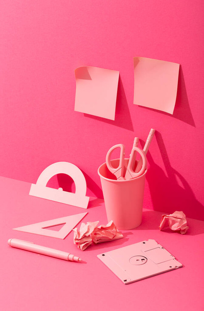 Pink stationery on pink background, concept. High quality photo - Photo, Image