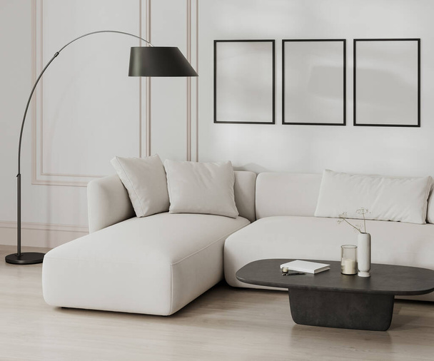 cadre à trois affiches maquette dans le salon intérieur en noir et blanc, style français avec moulures, canapé blanc et mur, rendu 3D - Photo, image