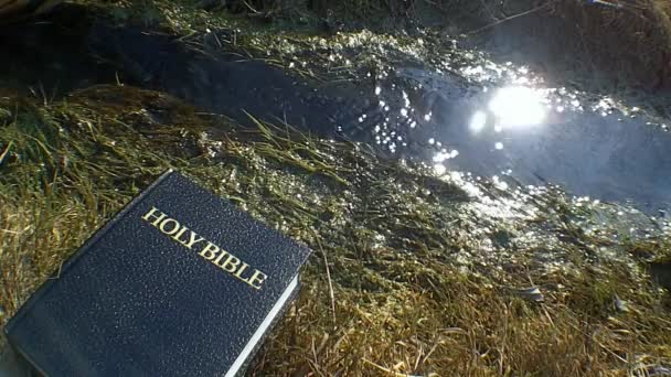 Holy Bible against a stream of  creek - Footage, Video