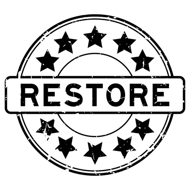 Grunge preto restaurar palavra com ícone estrela redonda selo de borracha no fundo branco - Vetor, Imagem