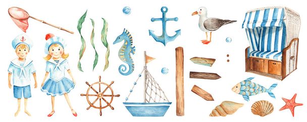 Watercolor children Baltic sea set. Cute little sailor boy and girl, wooden steering wheel, ship, arrows trafic signs for signpost, hooded beach chair, nautical anchor, fishing net, seaweeds, seahorse - Photo, Image