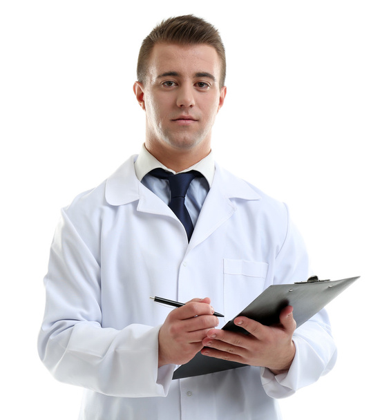 Doctor masculino sujetando portapapeles aislado en blanco
 - Foto, imagen
