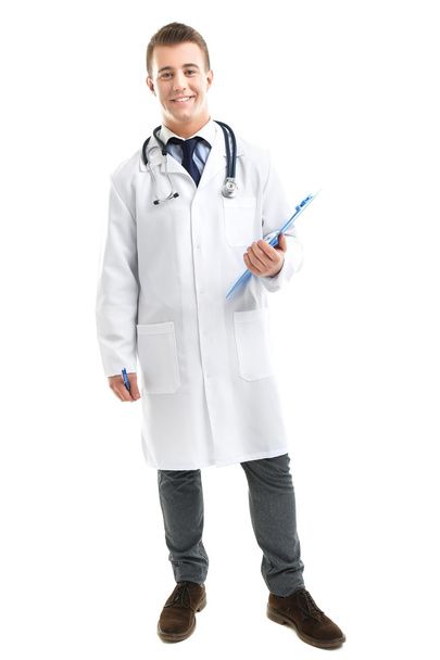 Male Doctor holding clipboard isolated on white - Фото, зображення