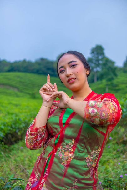 an Asian woman standing and posing among the tea leaves during the day - Photo, Image