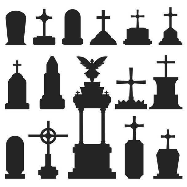 Set of variants of gravestones object illustration models. Collection of resting places of the dead, Ancient tombs.Tombstones collection.Concept of many tombstones.elements for Halloween theme - Vector, Image