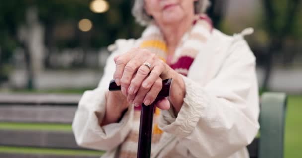 Yürüme çubuğu, eller ve yaşlı kadın engelli biriyle parktaki banka yakın çekim yapıyorlar. Taşınabilirlik desteği, sağIık ve denge baston ve büyükanne ile emeklilik ve doğa bahçesinde.. - Video, Çekim