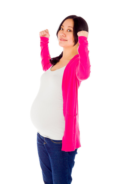 妊娠中の女性の祝う勝利成功 - 写真・画像