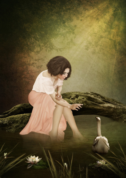 Mladá dívka a bílá labuť - Fotografie, Obrázek