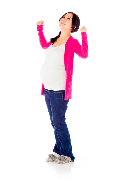 Zwangere vrouw vieren overwinning succes - Foto, afbeelding