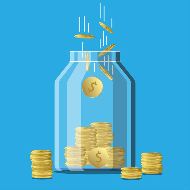 Glass money jar of golden coin. Saving dollar coin in moneybox. Business success. Vector illustration. - Vector, Image