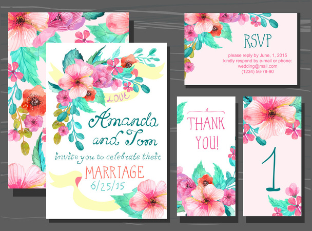 Beautiful set of invitation cards with watercolor flowers elemen - Vector, Image