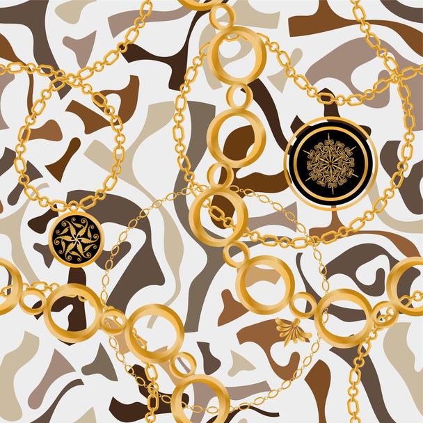 Motif sans couture décoré de pierres précieuses, de chaînes en or et de perles. - Vecteur, image