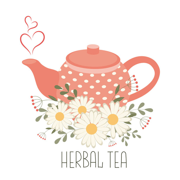Kräutertee, gesundes Getränk. Teekanne und Tasse mit Kräutertee und Kamillenblüten. Abbildung, Vektor - Vektor, Bild