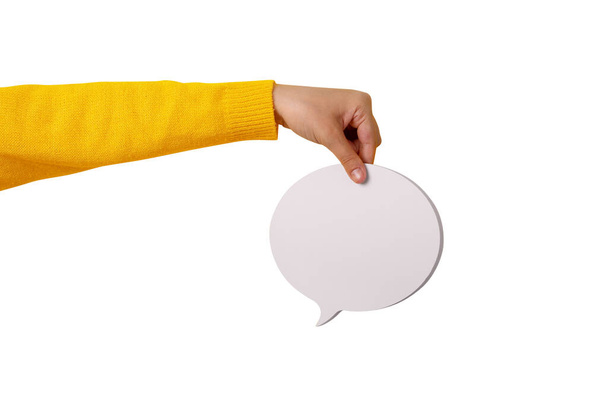 talk bel spraak pictogram in de hand geïsoleerd op witte achtergrond - Foto, afbeelding