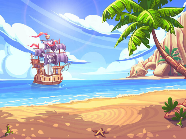 El barco pirata navega bajo velas llenas hacia la bahía de la isla. En la orilla hay una palmera, un barril roto, un cangrejo, frascos de ron, una estrella de mar. - Vector, imagen