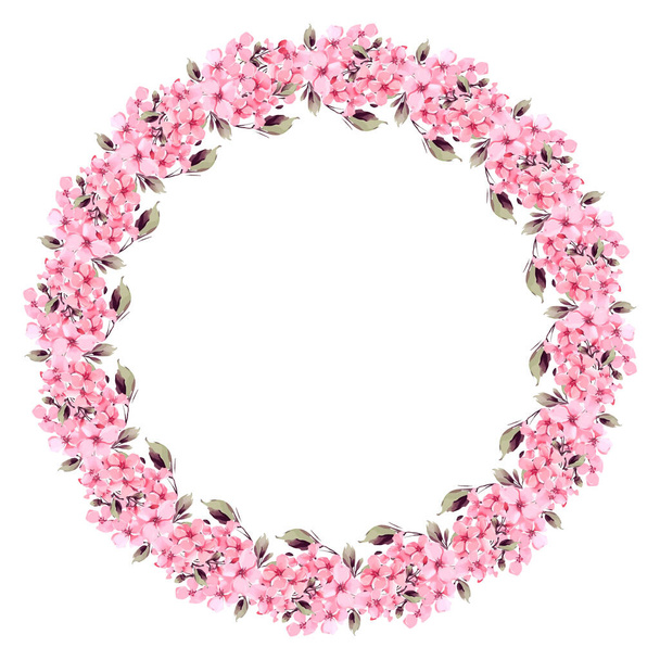 Wreath with pink flowers, leaves and branches in vintage watercolor style. Vector - Vector, Image