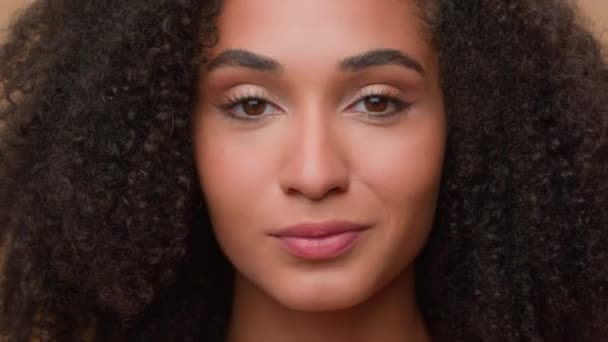 Female beauty portrait African American ethnic woman model beautiful attractive girl with perfect smooth skin make-up haircare skincare curly hair curls posing in studio beige background face cosmetic - Footage, Video