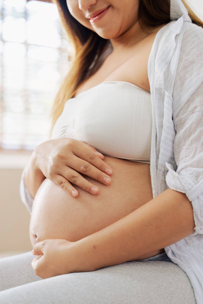 Šťastná žena těhotenství sedí na pohovce a drží své břicho v obývacím pokoji. - Fotografie, Obrázek