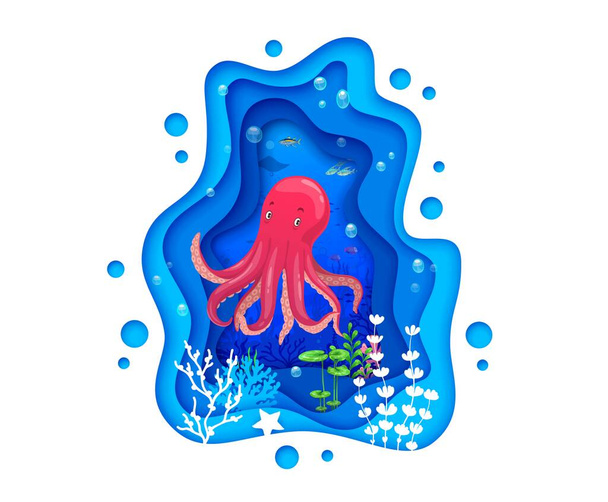 Caricature caractère poulpe et papier de mer paysage coupé avec des algues sous-marines. Personnage vectoriel de mignon animal d'eau de mer en cadre 3D avec des couches de papier ondulé bleu, bancs de poissons, étoiles de mer, bulles - Vecteur, image