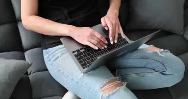 Manos de una usuaria de laptop sentada en primer plano en el sofá. Mujer de negocios independiente que trabaja en el ordenador en casa - Metraje, vídeo