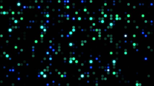 カラフルな小さな点に輝くデジタルランドスケープ技術の背景3d立方体粒子移動. ダークテクノロジー bg グリッド内のランダムな点を光らせます. ビッグデータ,機械学習,バーチャルスペース. - 写真・画像