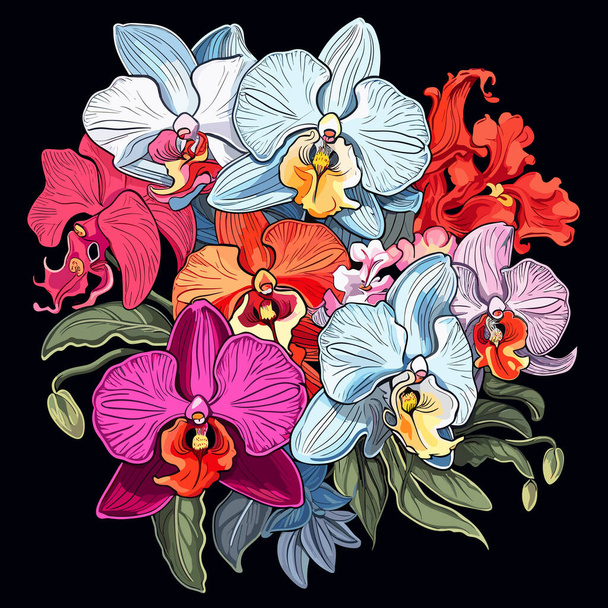 Dekoratív többszínű virágos háttér. Romantikus csokor trópusi orchidea virágok sötét háttér vektor pop art stílus.  - Vektor, kép