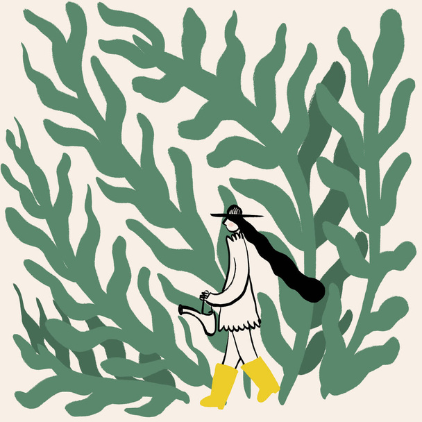 Ilustração da visão lateral do jardineiro fêmea novo com cabelo preto longo no chapéu e nas gomas amarelas que andam perto de plantas verdes altas com molhar pode - Foto, Imagem
