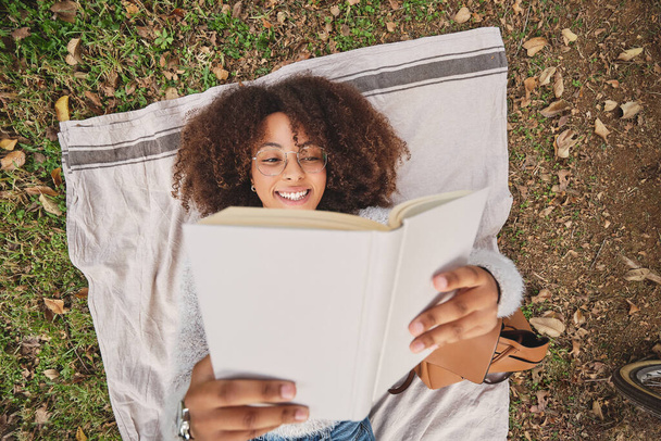 Вид сверху чернокожей женщины с афро-прической, читающей интересную историю и улыбающейся, отдыхая на одеяле на траве в природе - Фото, изображение