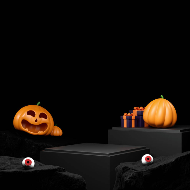 Usmívající se dýně 3D ilustrace pro slavnostní zobrazení produktu. Podzimní oslava. Jack-O-Lantern Halloween Party Concept - Fotografie, Obrázek