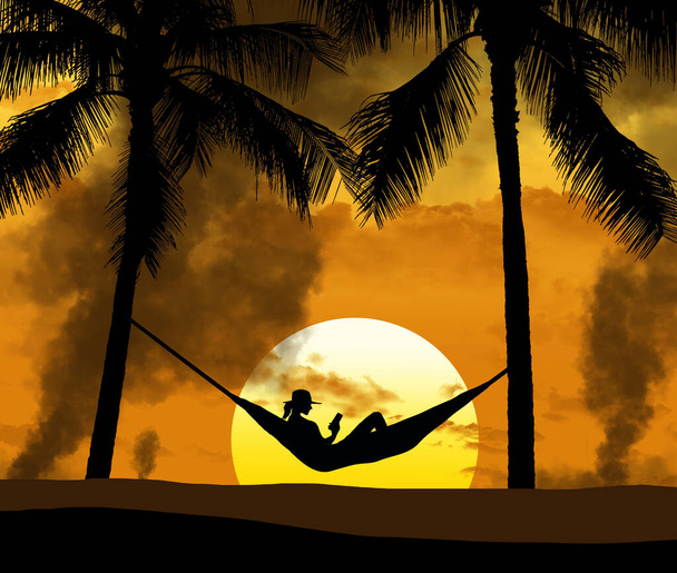 Een vrouw wordt gezien in een hangmat tussen palmbomen als Hawaii wilde vuren branden op de achtergrond en in een 3-d illustratie over problemen in het paradijs. - Foto, afbeelding